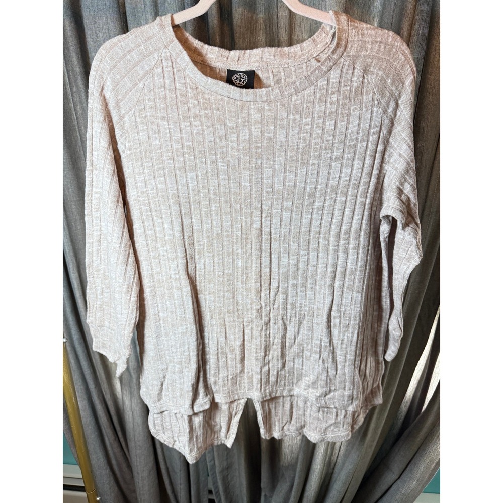 Bobeau Womens Oatmeal Beige Ribbed Knit 3/4 Sleeve Split Back Top Large
